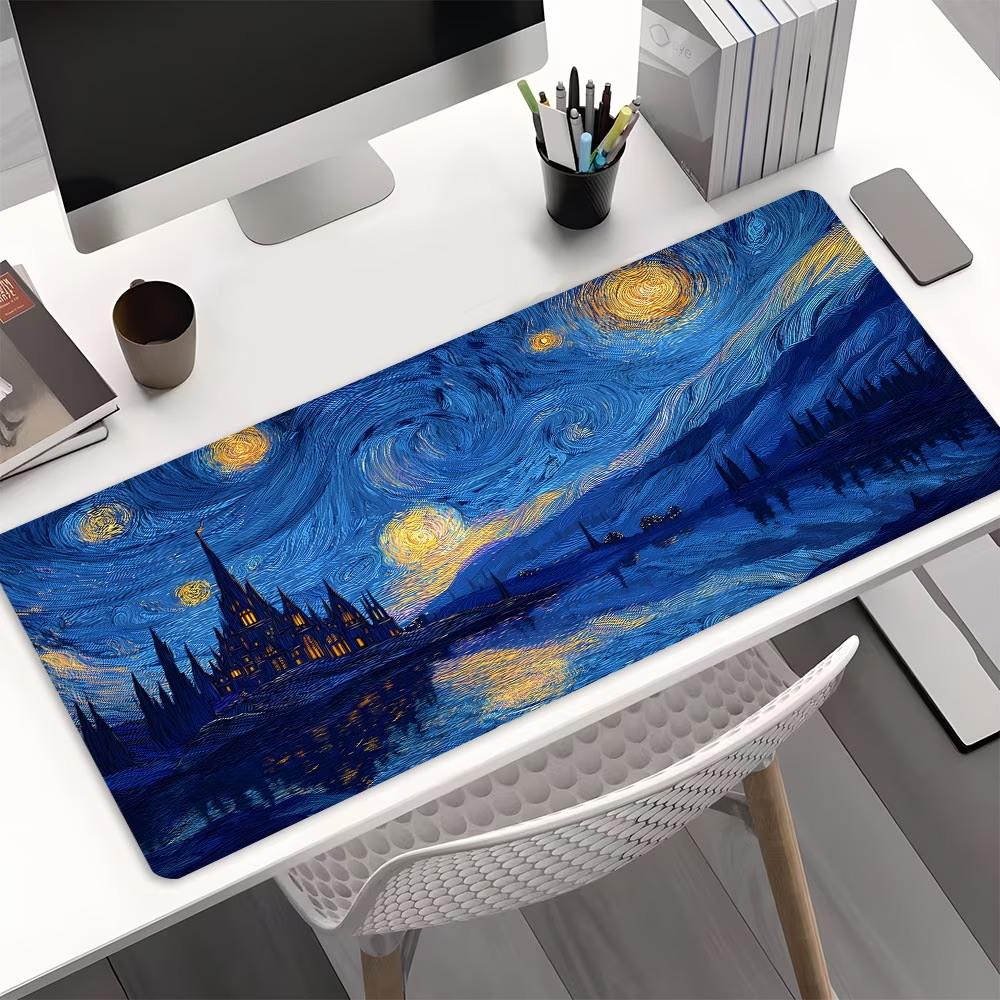 Van Gogh Style Starry Sky Mount Fuji Sakura Desk Mat Xxl NonSlip Rubber Gaming Mousepad Art Landscape Keyboard Pad
