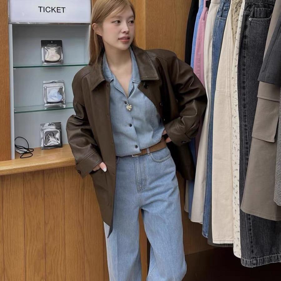 

GROVE Korea New Style Pure Cotton Loose Straight Leg Jeans Small светло-синий