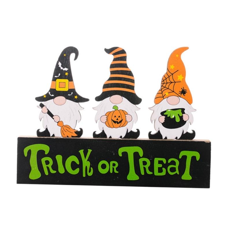 2Pcs Creative Halloween Gnomes Pumpkin Witch Figurines Wooden Block Table Sign For Festives Home Shelf Tiered Tray Decors