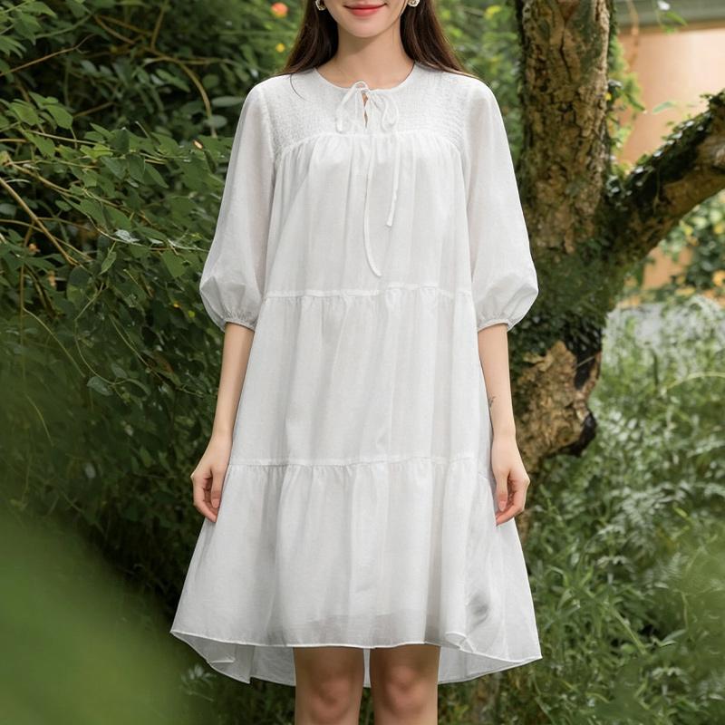 

ZANZEA Women Lace Up Round Neck Casual 3/4 Sleeve Loose Dress M белый