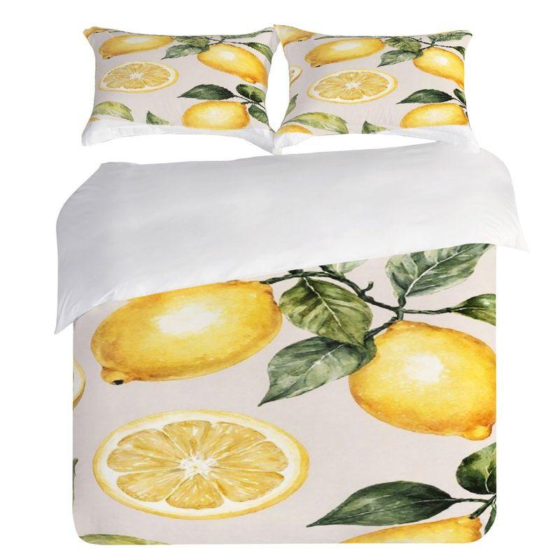Pillowcase Quilt Cover 3-Piece Bedding Watercolor Style,Lemon Sliced Leaf Pattern,Washable,Durable