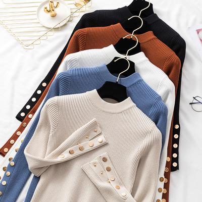 Damen Herbst Winter Slim Strickpullover Pullover Khaki Lässig Knopf O-Ausschnitt Schicker Pullover Damen Oberteil Weiche Jumper Oberteile