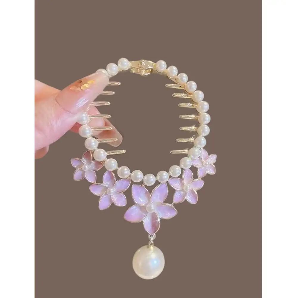 Elegant Tassel Hair Claw Rhinestone Pearl Flower Tassels Hair Clip Women Girl Ponytail Holder Hairpins Fringe Hair Accessories