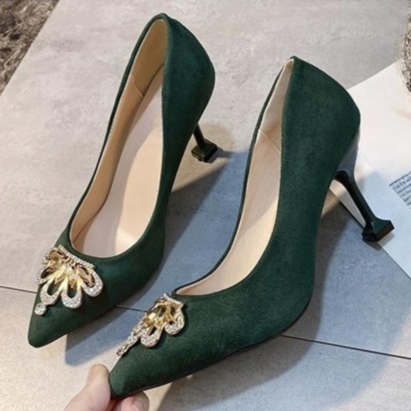 Fashion Women's Stiletto Single Shoes Fashion New Pointed Toe Suede Shallow Rhinestone Metal Crown Pump Heels