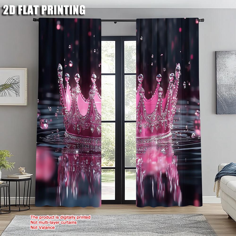 2pcs, Curtains 2D plane printing Pink Princess Crown Window Polyester Easy Install (without rod) Decorations Outdoor Use for