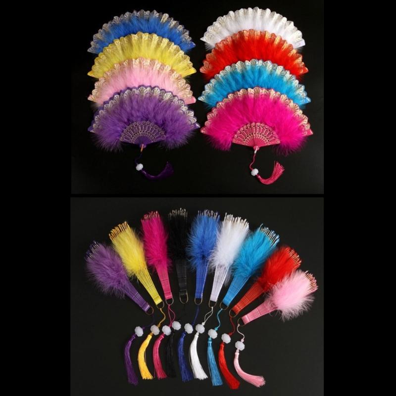 Embroidered Flower Feather Fan Vintage Hand Fan for Costume Dancing Handheld Folding Fan Performances Wedding Party
