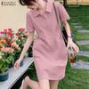 Damen Casual Turn Down Kragen Sommer Kurzarm Shirt Kleid
