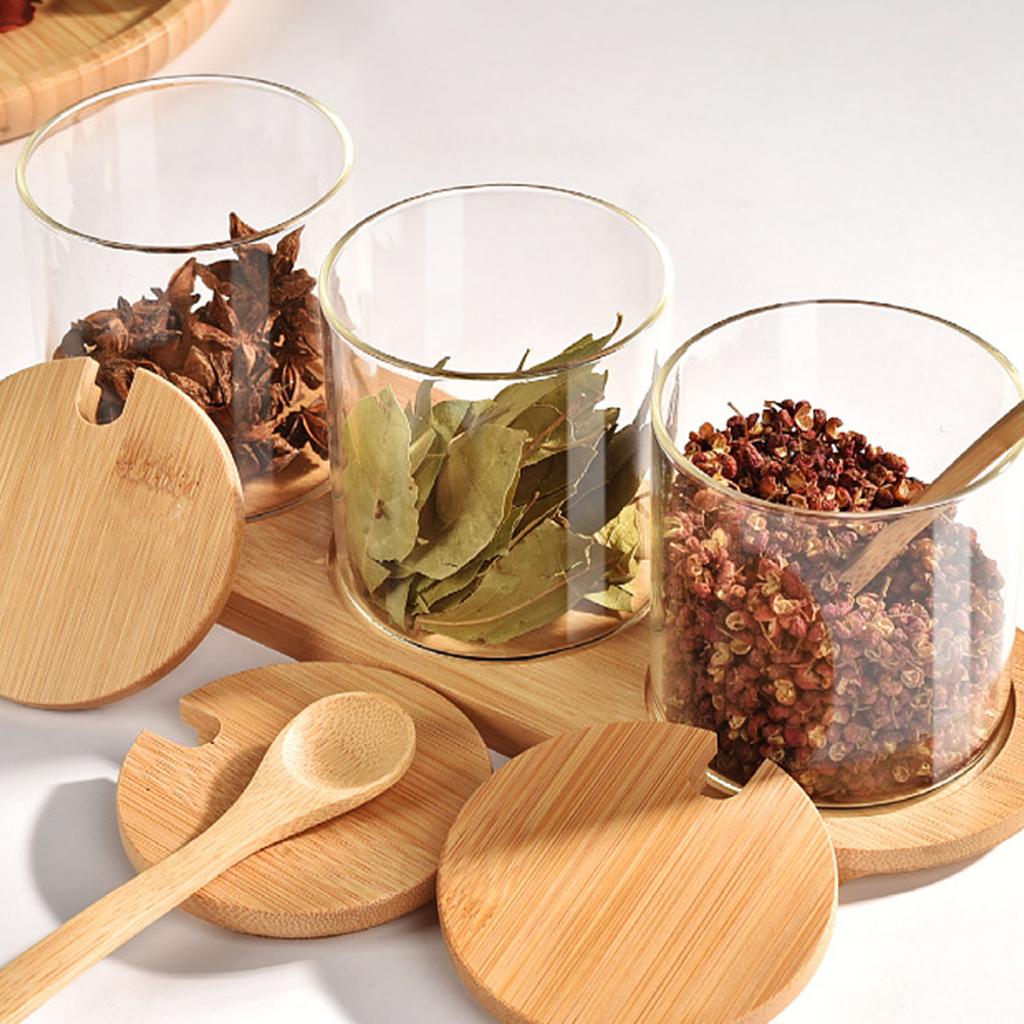 3 stk Glass Oppbevaringskrukke Salt Godteri Kjeks Te Kaffebønner Organizer Flaske Trelokk Beholder Krukke Mat Frokostblanding Kjøkkenoppbevaring