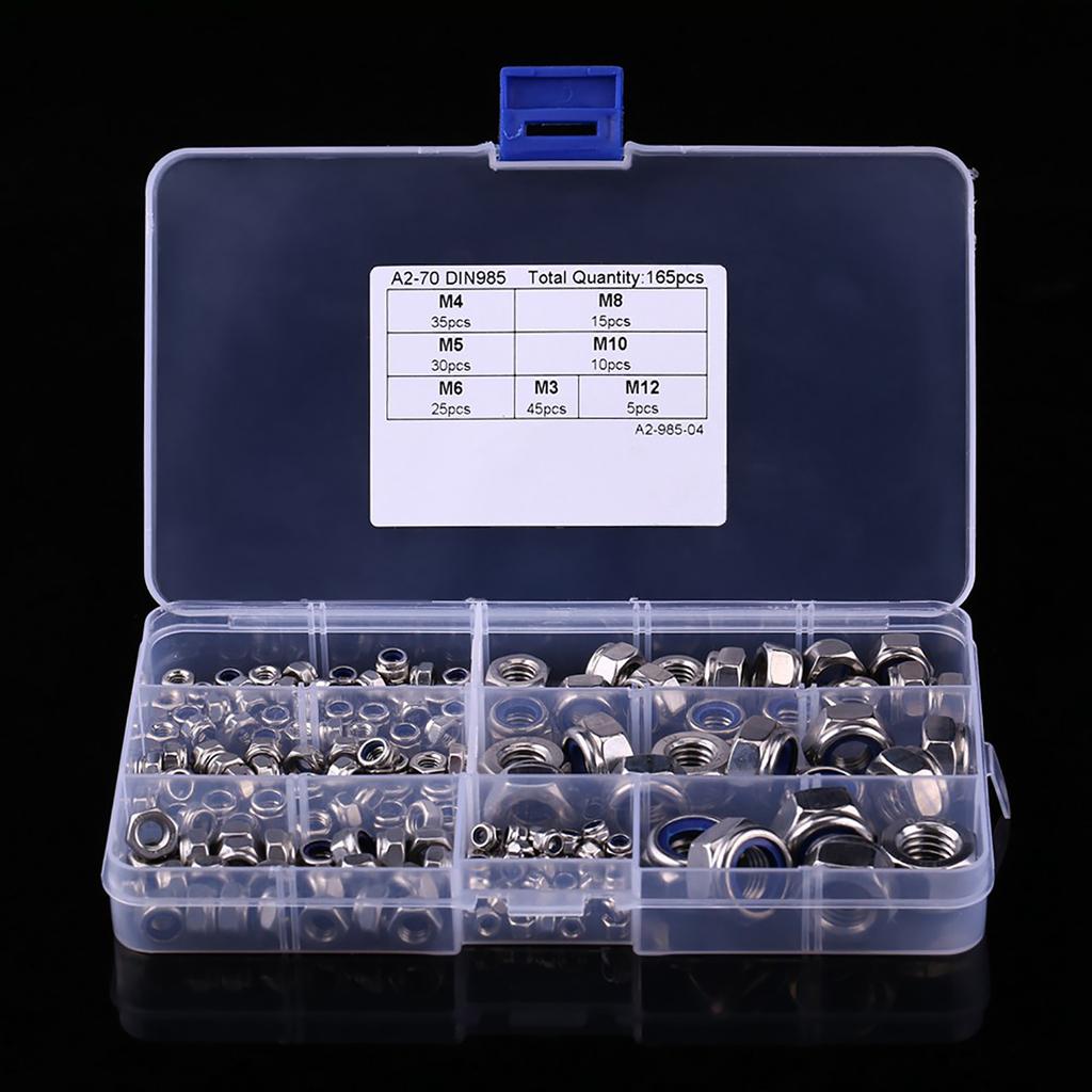 165-teiliges Kontermuttern-Sortiment aus Edelstahl SS304 mit Nyloneinsatz, M3, M4, M5, M6, M8, M10, M12