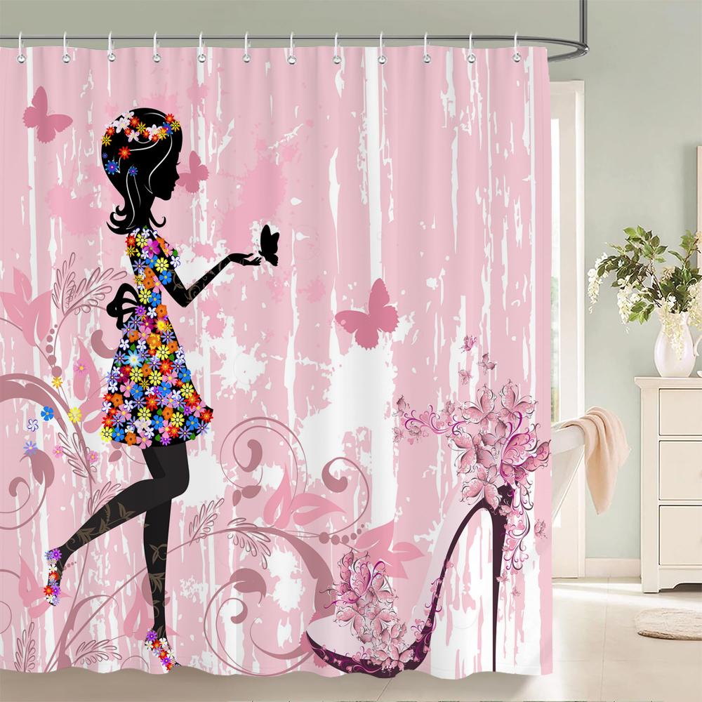 Flower Butterfly Girl Shower Curtain Waterproof Bathroom Lovely Woman Fairy Shower Curtain Polyester Cloth Home Decor Hook