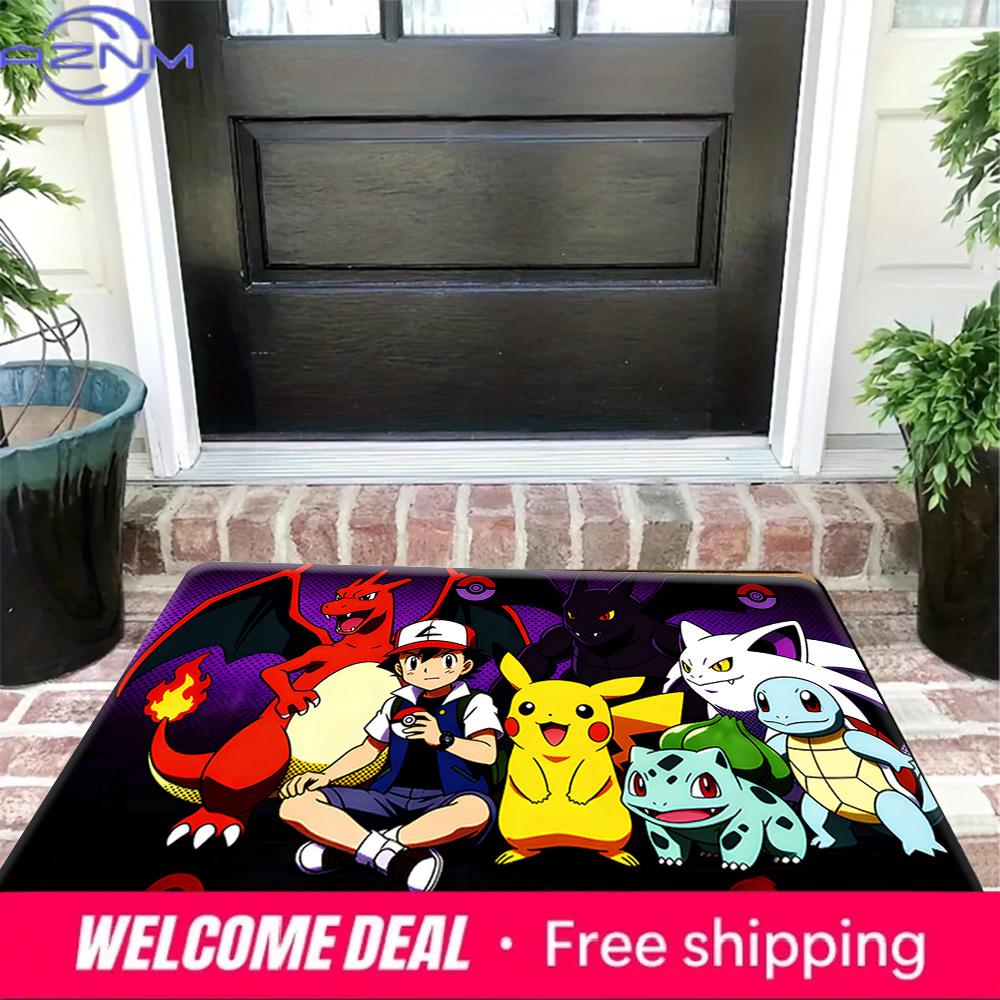 Pokemon Ash & Pikachu Purple Style Print Doormat Non-Slip Absorbent Floor Mat for Indoor Entrance Home Decor