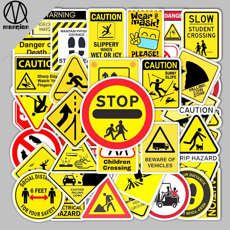 50 Waterproof Cartoon Warning Sign Decorative Stickers for Luggage, Scooter, or Computer.