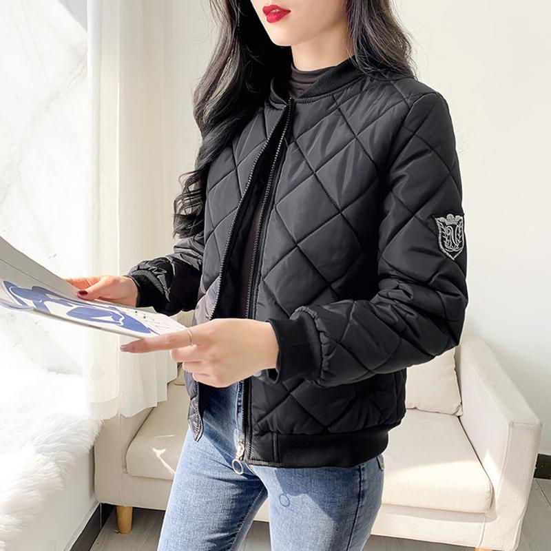 

Пальто женская мода сплошной цвет воротник-стойка клетчатая тонкая бейсбольная стеганая куртка XXL чёрный