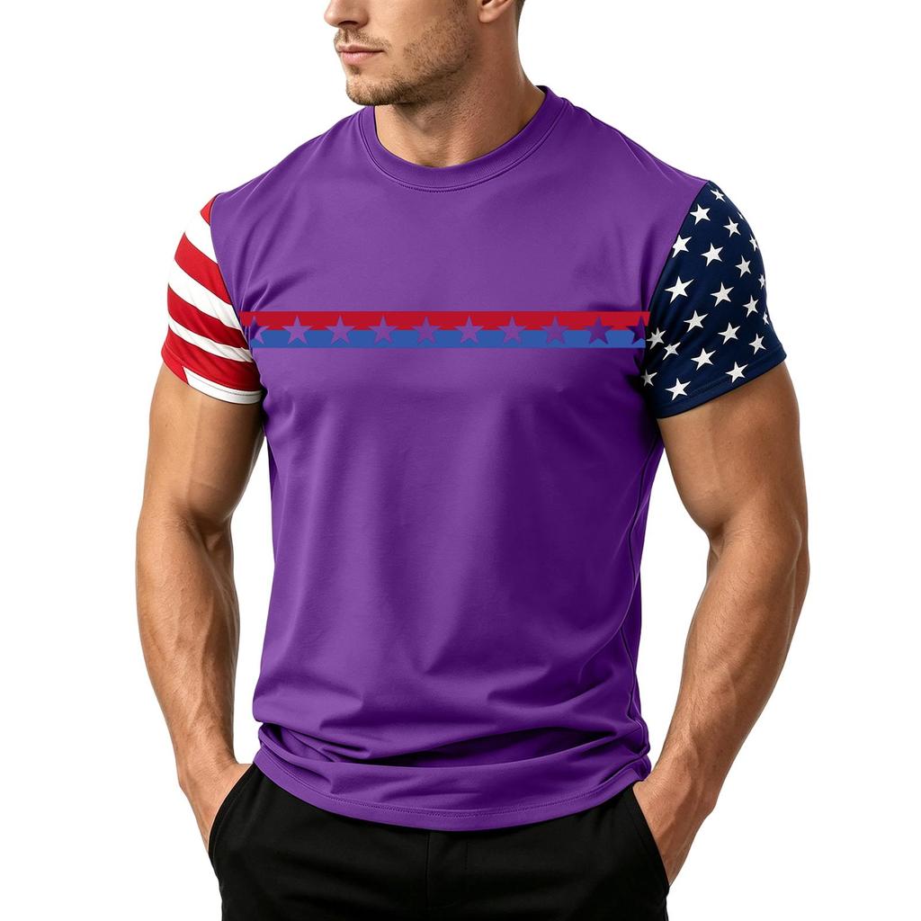 Men's Casual Short Sleeve T Shirt Loose Fit Crew Neck Lightweight Summer Daily Wear Tee with Flag Pattern Sleeve Design