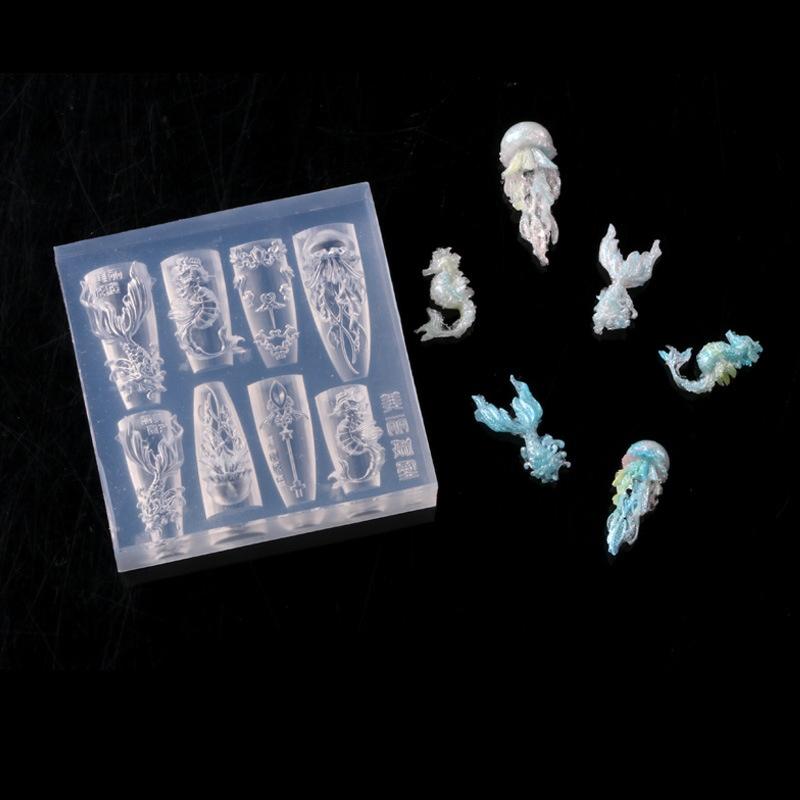 Sea Shell Starfish Fishtail 3D Silicone Nail Mold Jellyfish Conch Transparent Mold Nail Art Carving Template Diy Accessories