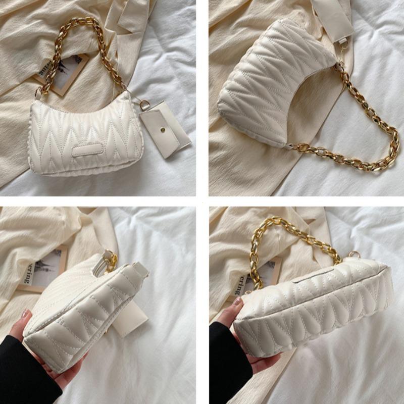 Quilted Ruched Crescent Bag, Fashion Chain Shoulder Bag, Women's Handbag with Coin Purse for Summer Every Day