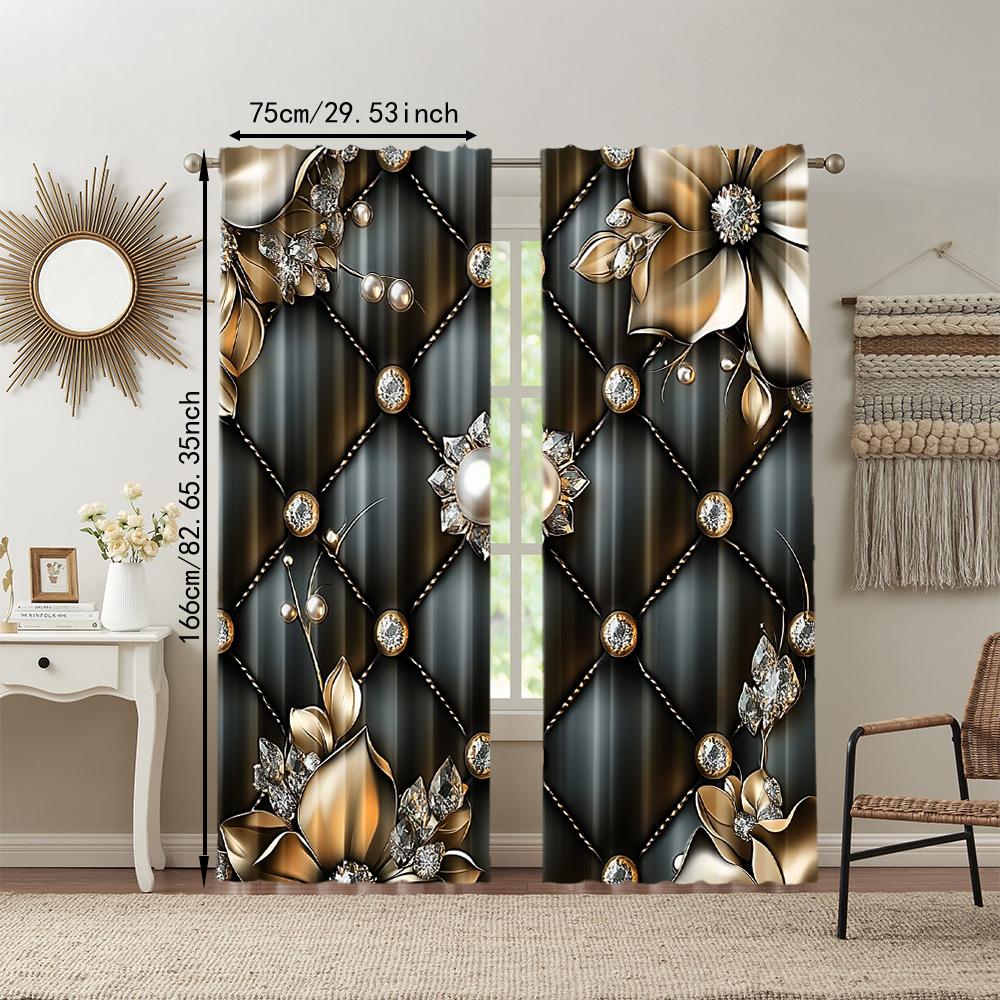 2Pcs Elegant Diamond Pattern Polyester Curtains With Floral Accents Machine Washable Light-Filtering Rod Hole Hanging