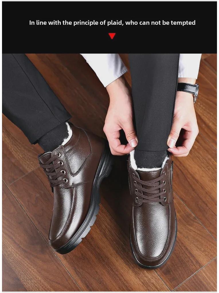 Pantofi de iarnă pentru bărbați, impermeabili, din piele, anti-alunecare, pentru vârstnici - Călduși, căptușiți cu catifea, îngroșați pentru vârste mijlocii și vârstnici.