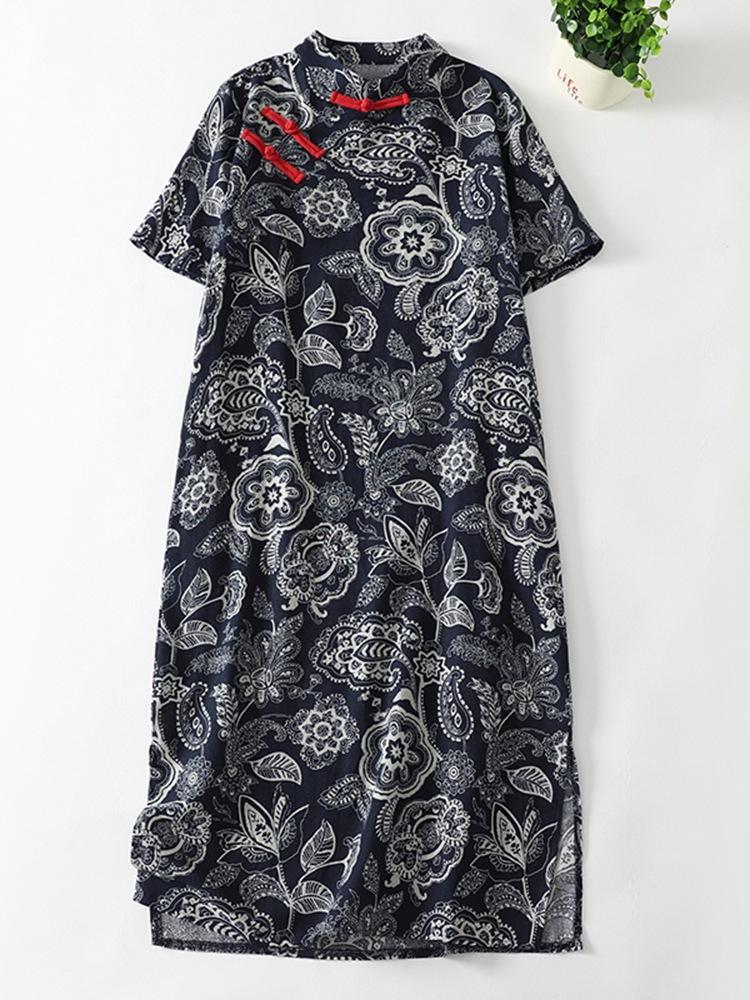 

2025 новое улучшенное платье-чонсам из хлопка и льна, ретро, синяя пуговица, одежда для чаепития, женское 2XL