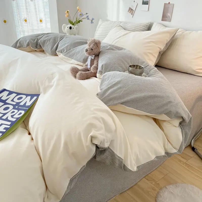 INS Plaid Bedding Set Pink Green Bed Linens Nordic Duvet Cover Pillowcase Queen Size Flat Sheet Adults Kids Bedclothes