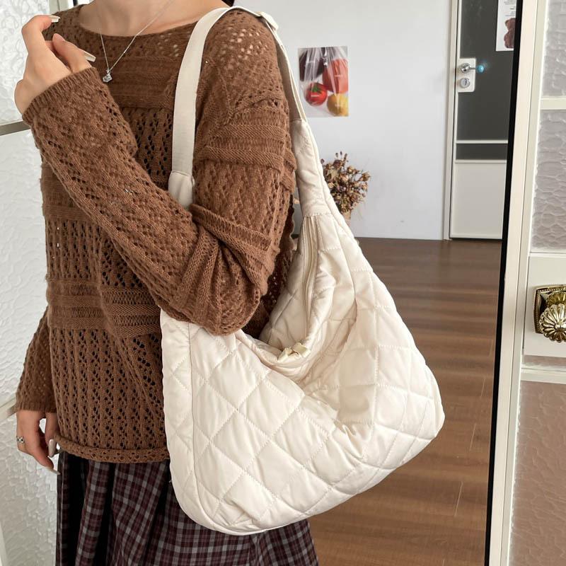Borsa imbottita di grande capacità per pendolari, retro, con motivo a rombi, a spalla singola, crossbody, tote bag