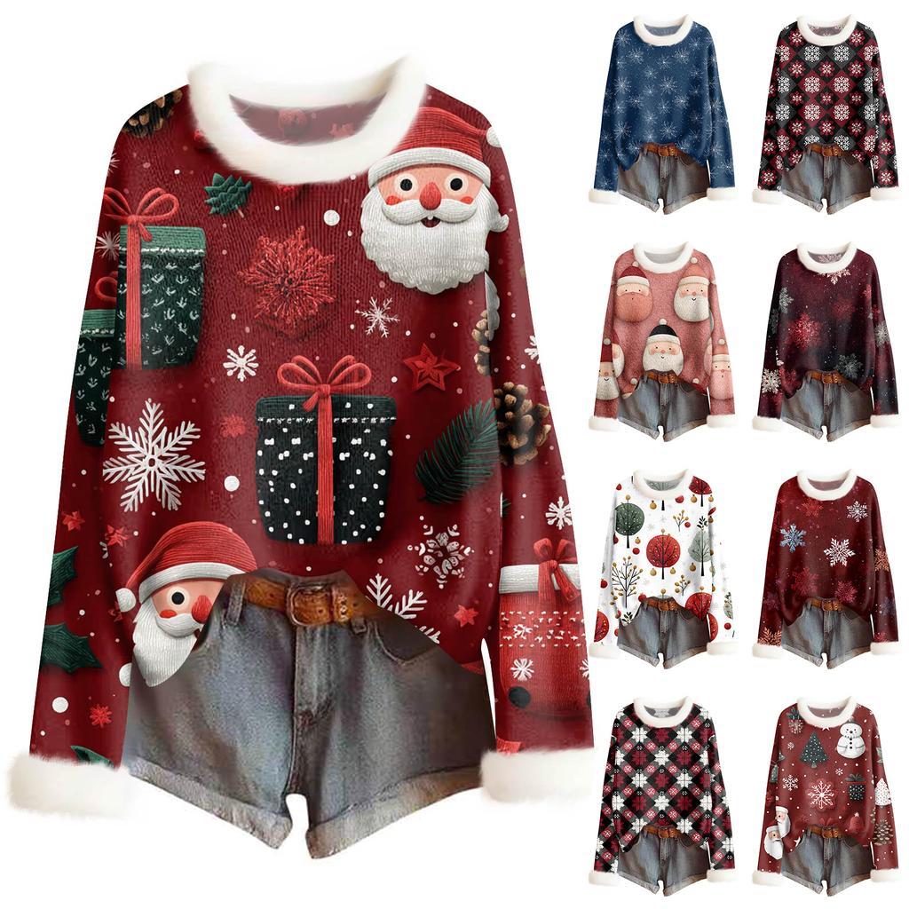 Women's Fashionable Christmas Printed Wool Collar Sweater Casual Long Sleeved Knitted Pullover Top