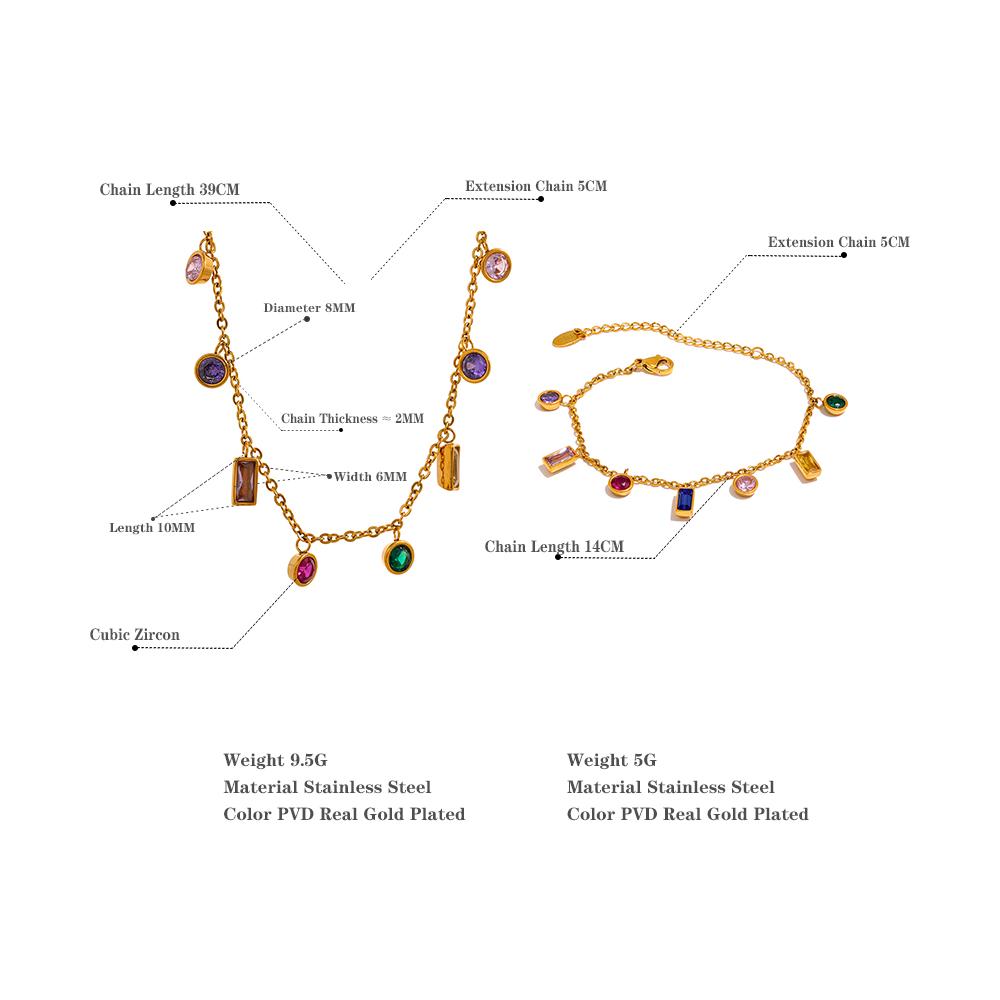 Yhpup Luxury Bling Colorful Cubic Zirconia Chain Necklace Bracelet CZ Waterproof Stainless Steel Jewelry Exquisite Set Women
