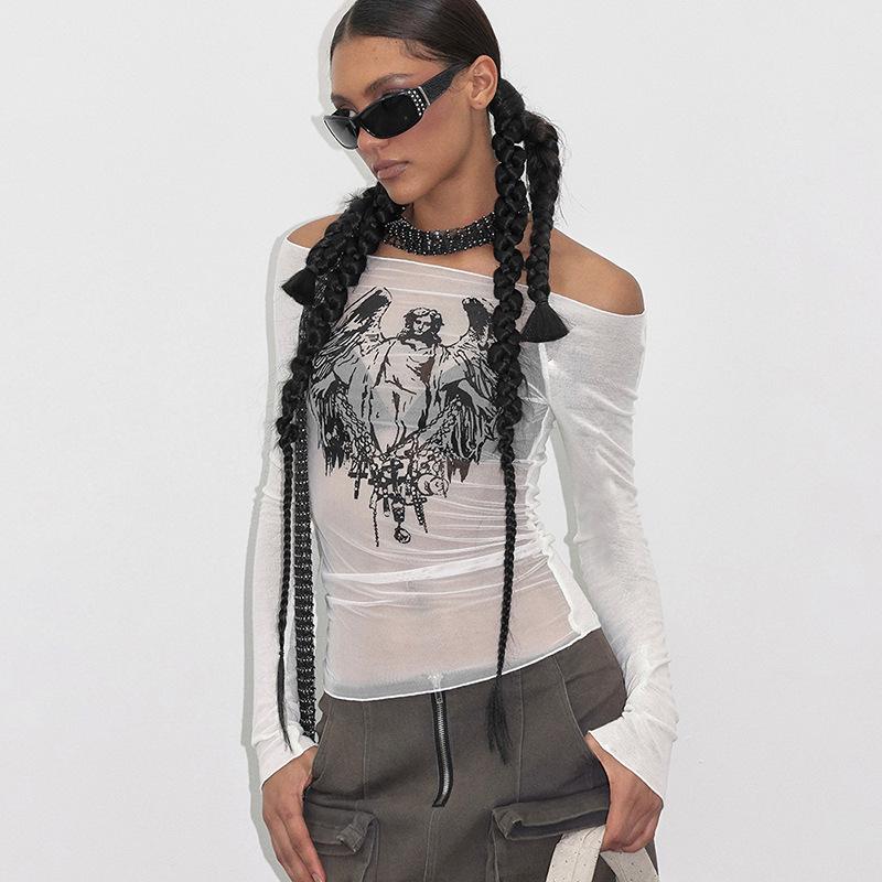 Y23TP642 Europäisch-Amerikanisches Mesh-Strick Ein-Schulter Print Durchsichtig Damen Top.