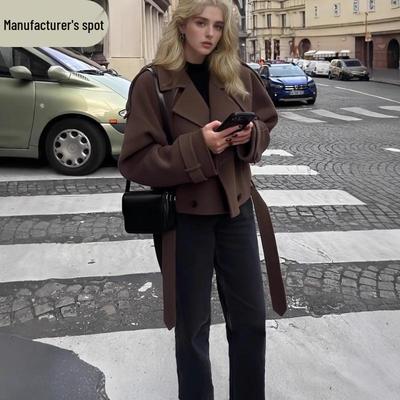 Abrigo de lana de otoño/invierno para mujer europea americana - Chaqueta de manga larga con lazo