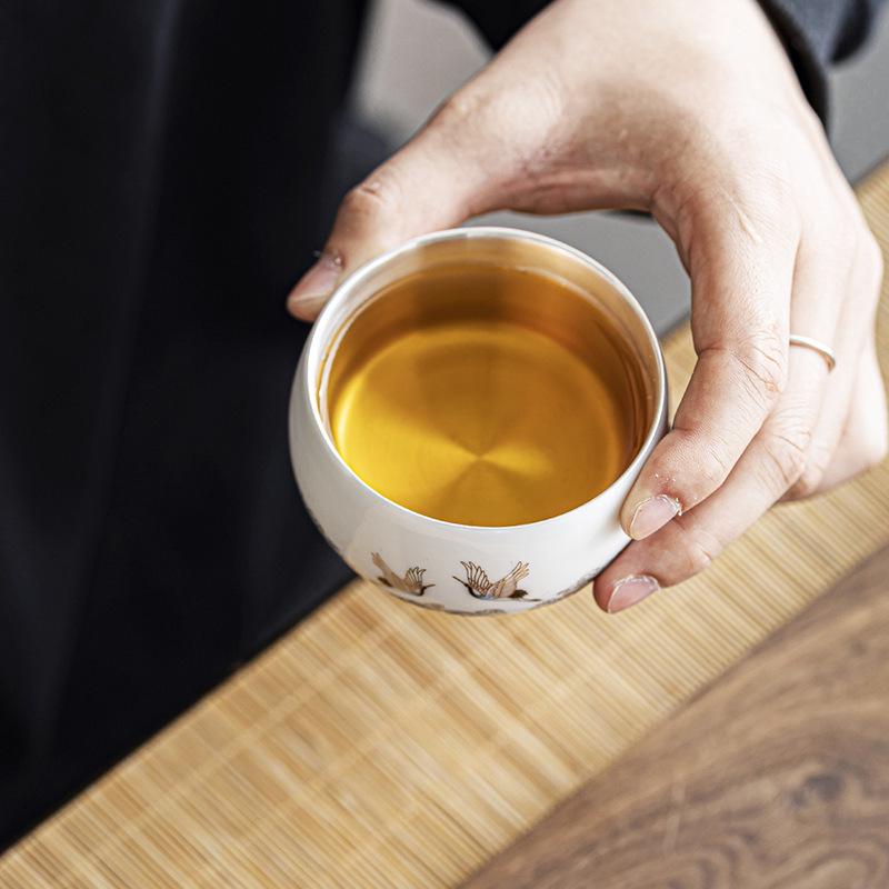 Gilt Ceramic Teacup - Mutton Fat Jade & Silver White Porcelain Kung Fu Tea Set