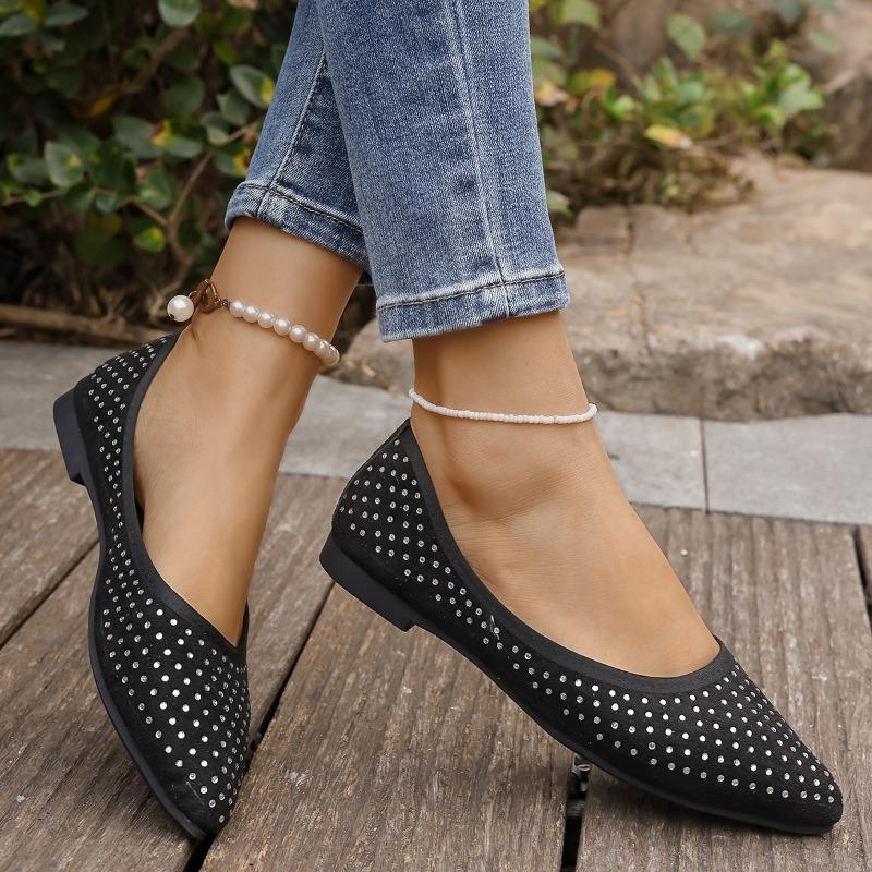 Fashion Low Heel Single Shoes New Fashion Pointed Toe Shallow Slip Rhinestone Soft Sole Anti-slip Wear-resistant Low Top Shoes