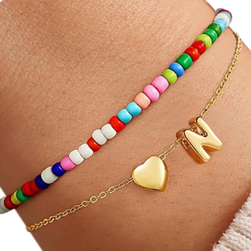 Double Layer Heart Beaded Bracelet Feature Initial Charm Letter Fashion Copper Jewelry Gift For Teen Girls Women