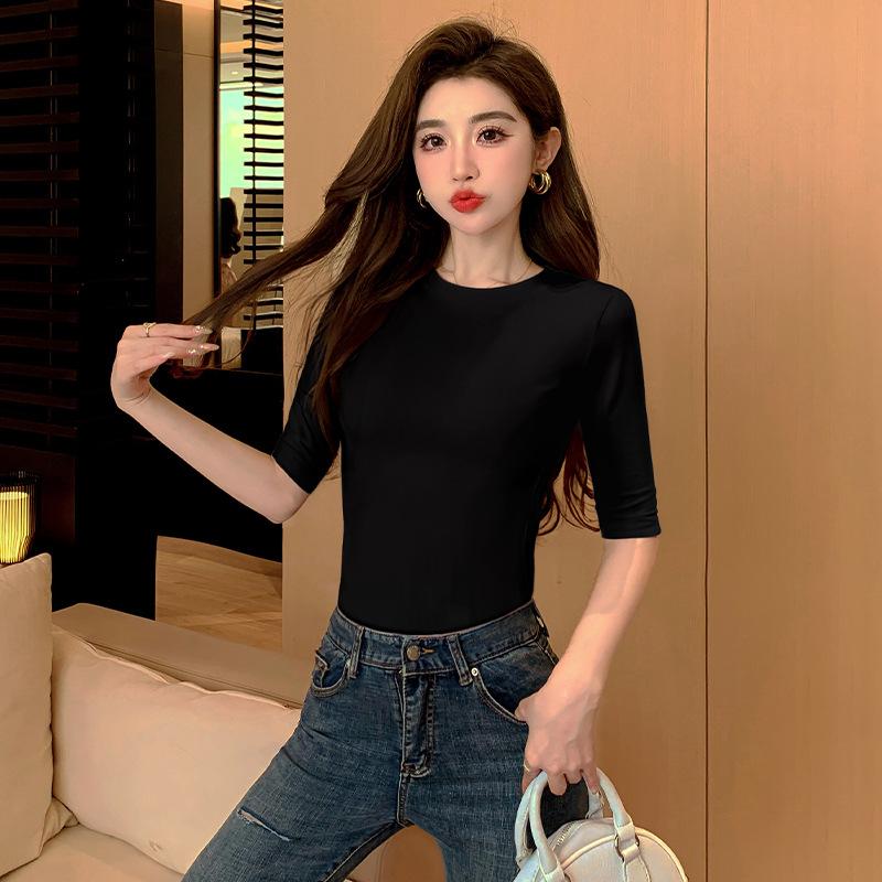 

Корейская приталенная женская базовая футболка Новая футболка с коротким рукавом и маленьким круглым вырезом со средним рукавом Приталенный топ из чистого хлопка 2XL чёрный