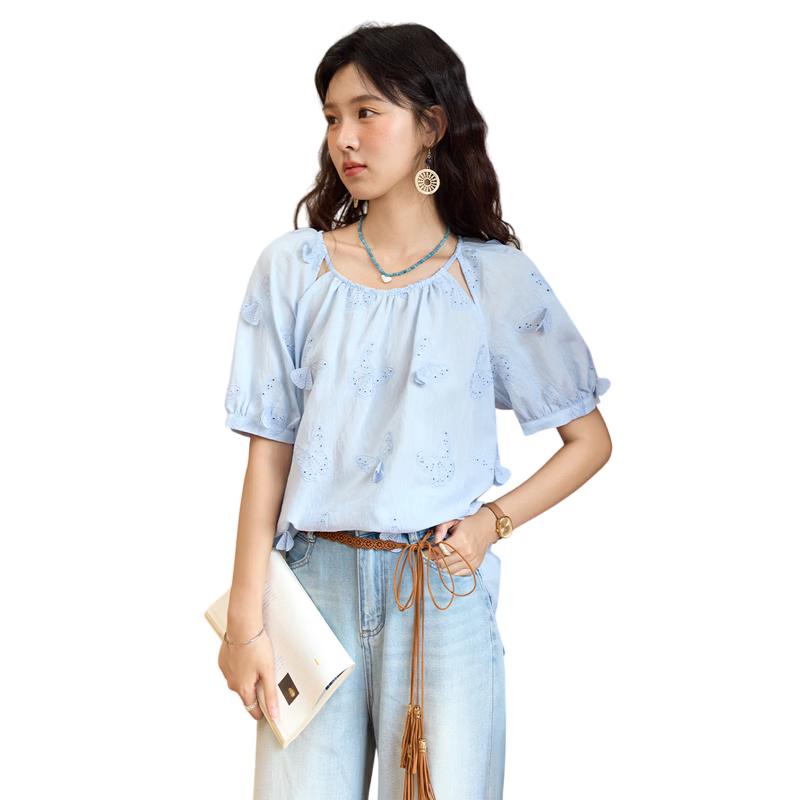 Mishow Women s Butterfly Embroidered Cut-Out Chiffon Top S