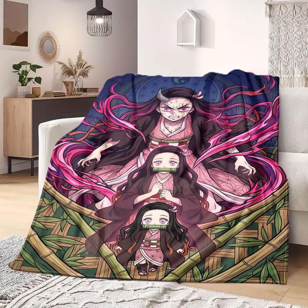 Demon Slayer Superb Cartoon Flannel Blanket, Printed Style for Bedroom, Warm and Soft Bedding, Travel Picnic Use_LIAN