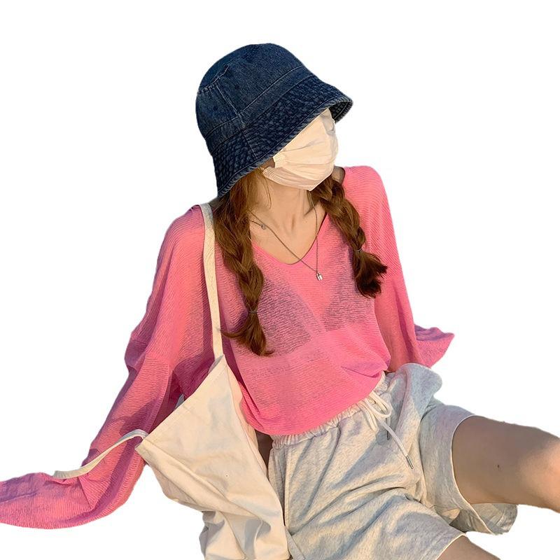 Women's Summer Bamboo Ribbed Long Sleeve Sun Protection See-Through Top