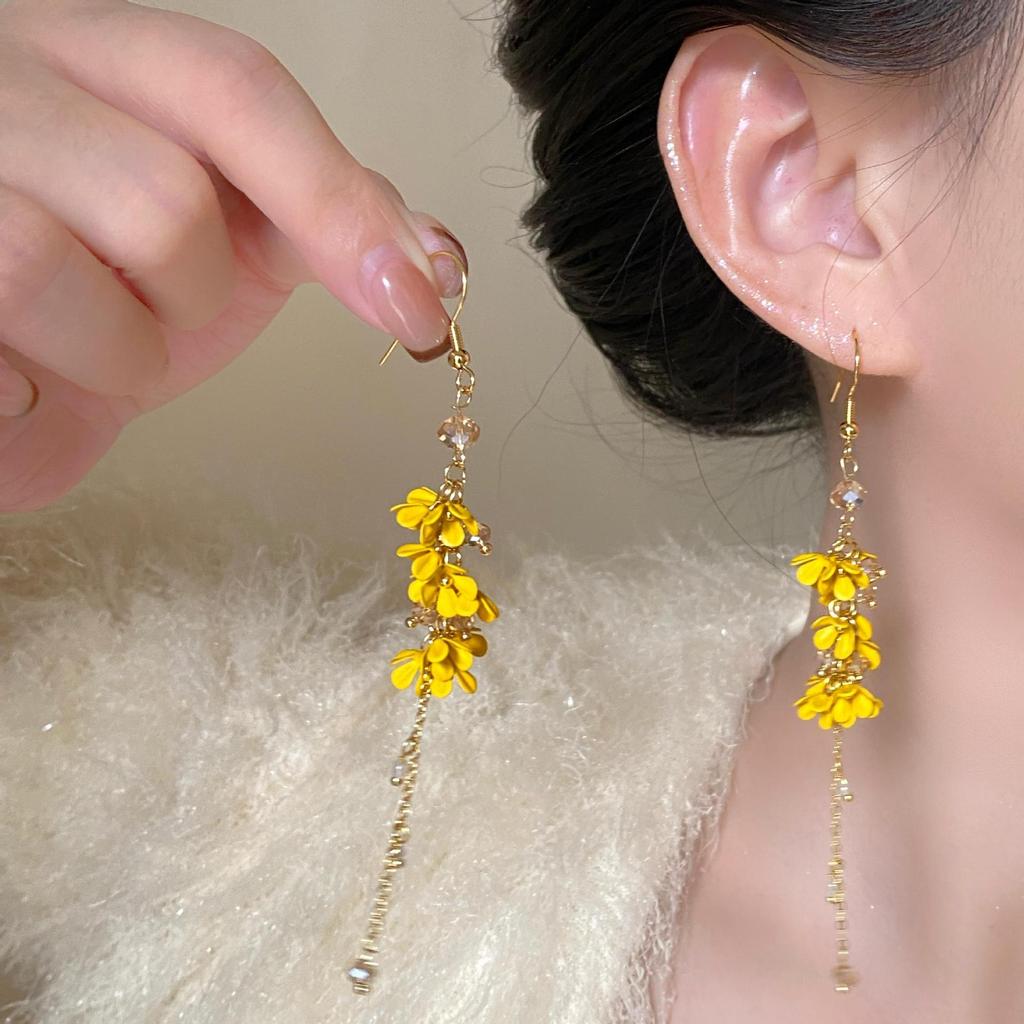 Glass Flower Fringed Earrings Mori Super Fairy Versatile Temperament Ear Hook Niche Fashion High-end Earrings Women