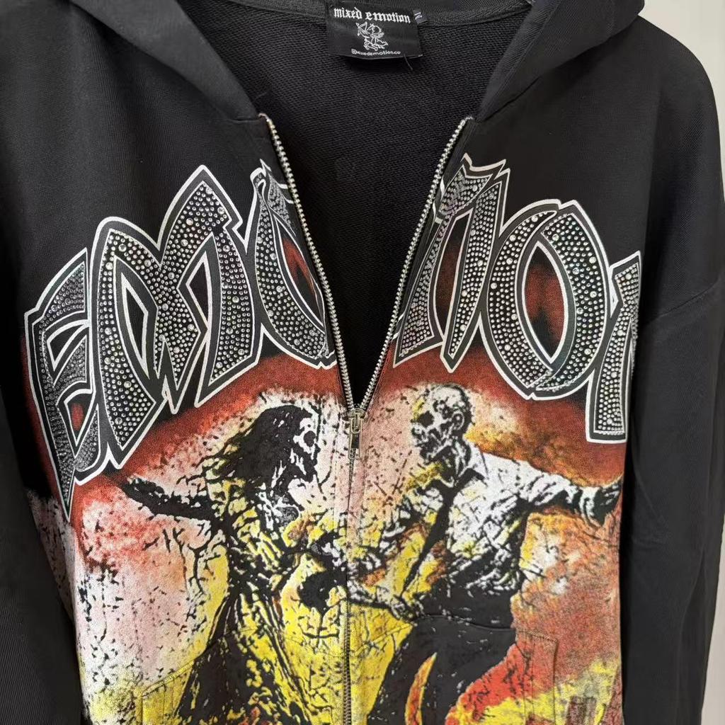 American Trendy Mixed Emotion Rhinestone Letter Hoodie for Men and Women - Retro European Style for Autumn/Winter