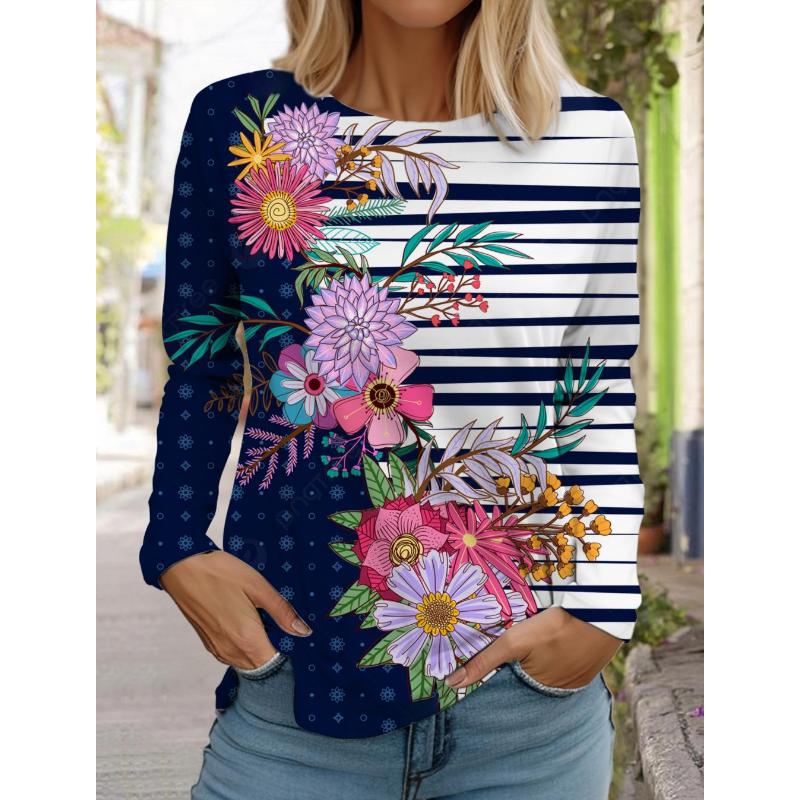 T-shirt manches longues ras du cou femme, design tendance, impression florale 3D, style fin, coupe régulière, printemps/automne