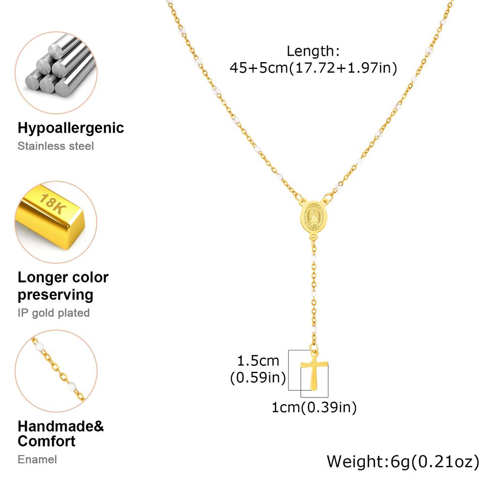 Stainless Steel Rosary Virgin Cross Drop Y-shaped Necklace,Women's White Rice Bead Chain Prayer Necklaces,Exquisite Jewelry Gift