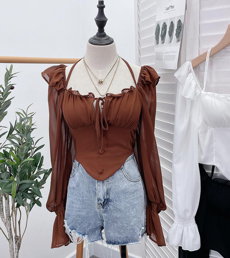 Pure Desire Style One-shoulder Strapless Halter Neck Flared Sleeve Shirt Women's Western Style Slim Slimming Irregular Short Clothes