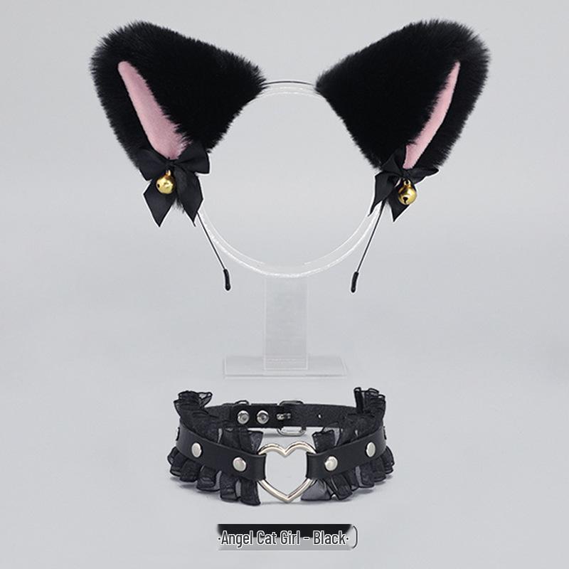 Lolita Fox Ear Cosplay Cat Headband & Erotic Bell Necklace Set with Cute Bow.