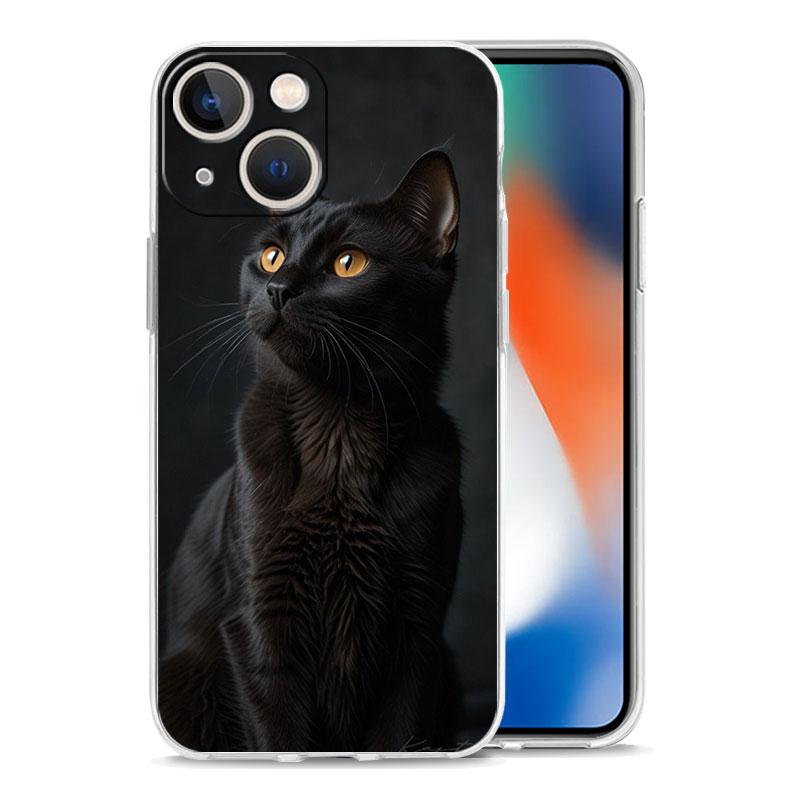 Phone Case For iPhone 16 15 14 13 12 11 Pro Max XS X XR 7 8 Plus Soft Shockproof TPU Clear Cover Black Cat