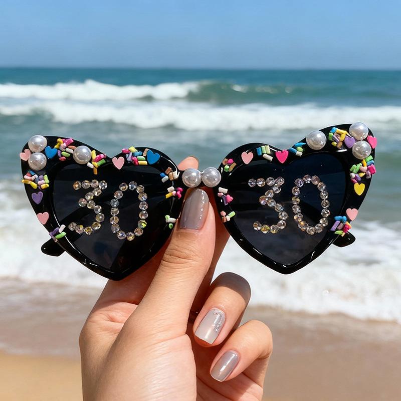 Birthday Party Glasses Fashionable Diamond-Encrusted Digital Pearl Love Men'S And Women'S Decorative Photo Sunglasses