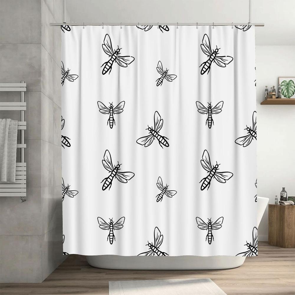 Luxury Bath Shower Curtain Set Waterproof Fabric with Dragonfly Print for Bathroom Decoration Decor White Black Blue Color Optio