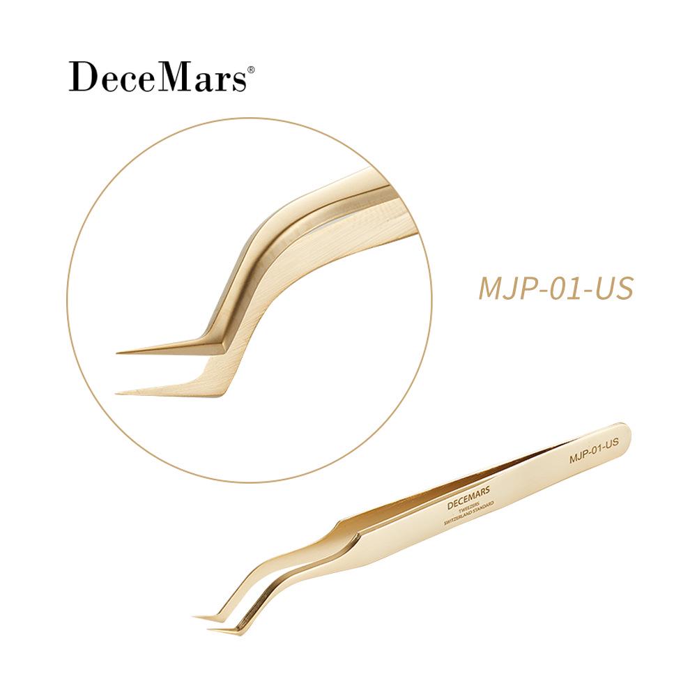 DeceMars Gold Feather High Precision Eyelash Extension Tweezers for Professional Artists