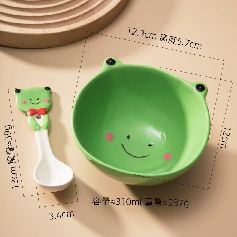 Ceramic Fruit Salad Bowl with Spoon Cartoon Vegetable Tableware Eating Rice Bowl Serving Strawberry Bowl Noodle Bowls 300ml