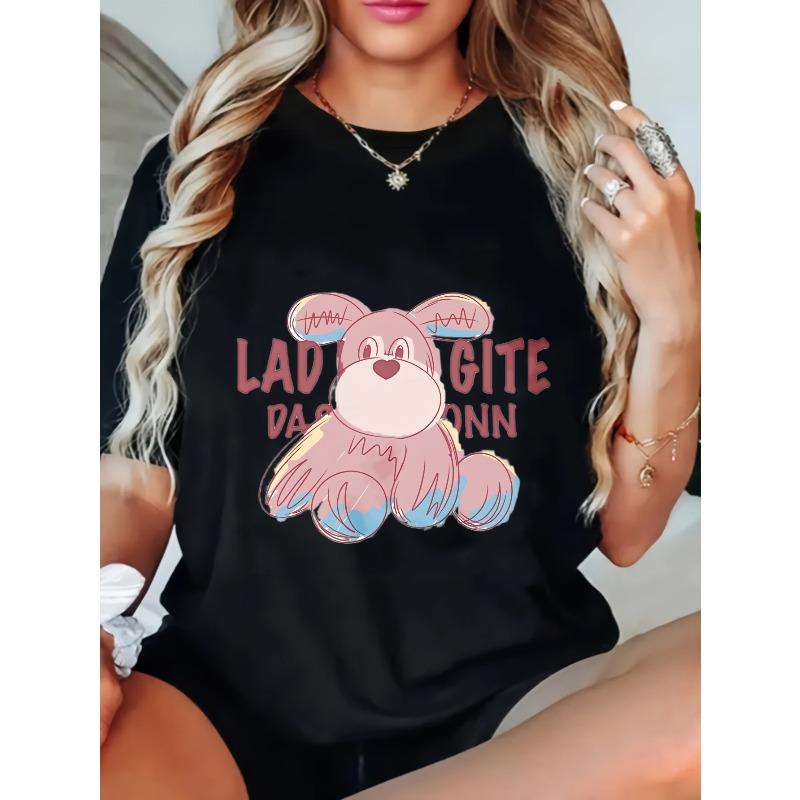 

Women Casual T Shirt Black Cute Pink Bunny Print Lady Gite Das Dassonn Graphic Tee Loose Fit Summer Top Everyday Wear XXXXL чёрный