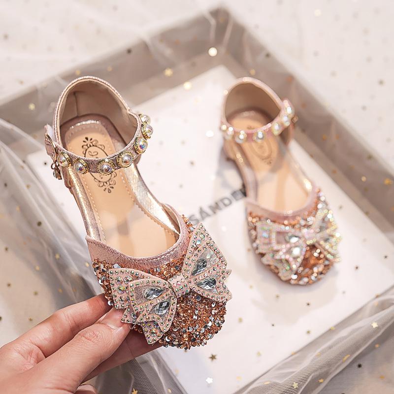 Sandali Aperti con Fiocco di Cristallo da Bambina - Scarpe da Principessa Estate 2025 con Suole Morbide per Esibizioni