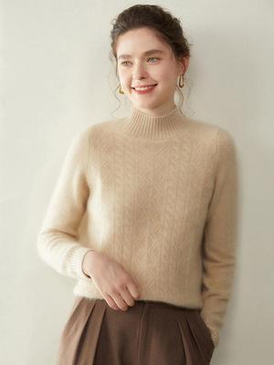 Women's Cashmere Half-High Neck Sweater, Autumn/Winter 2025, Seven-Needle Cable Knit, Loose Fit, Versatile Pullover.